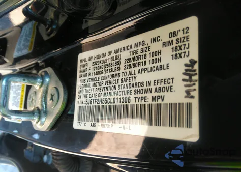 2012 Honda Crosstour Ex-L z USA, uszkodzony, nr VIN 5J6TF2H55CL011306